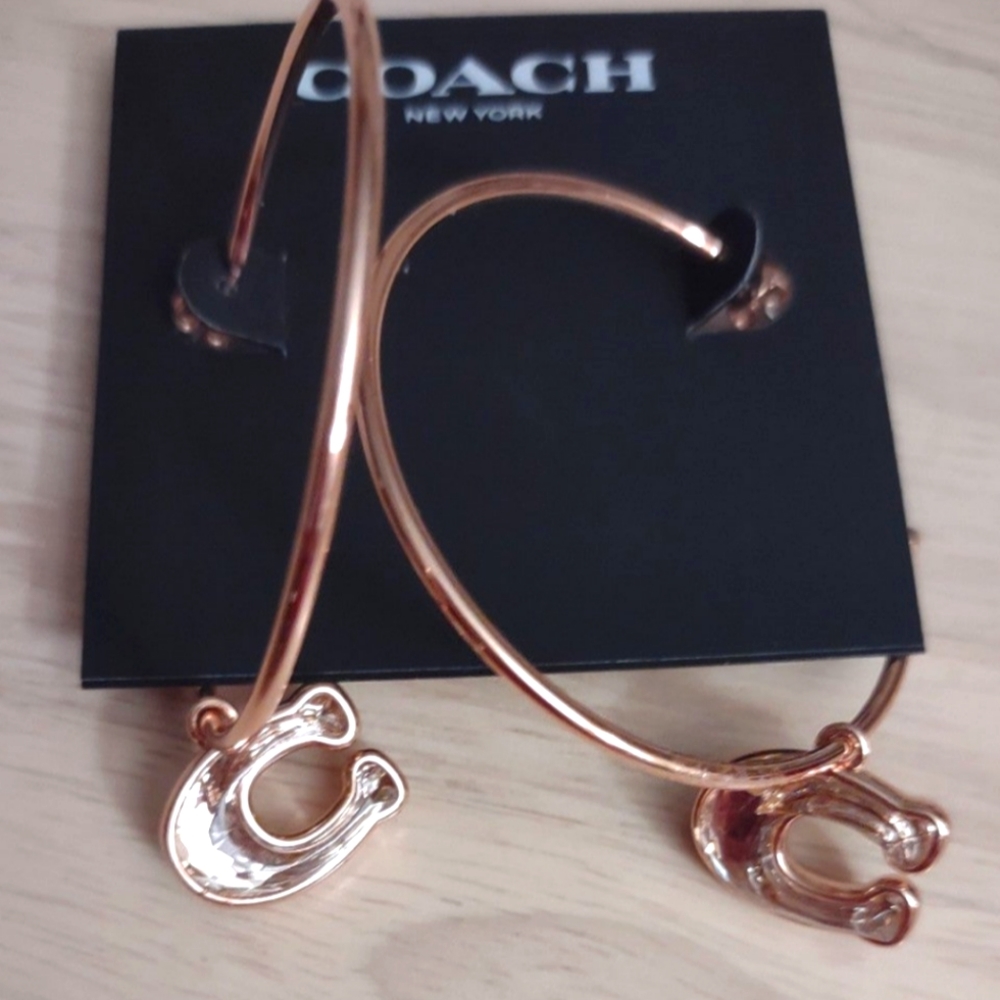 Coach New York Rose Gold Hoops Crystal Charm Earrings Bling Y2K